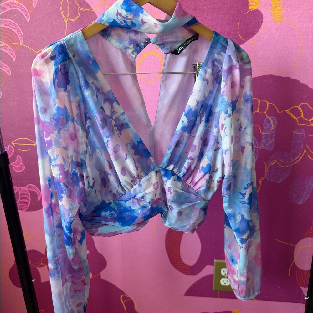 Zara Floral Wrap Crop Blouse in Blue and Purple